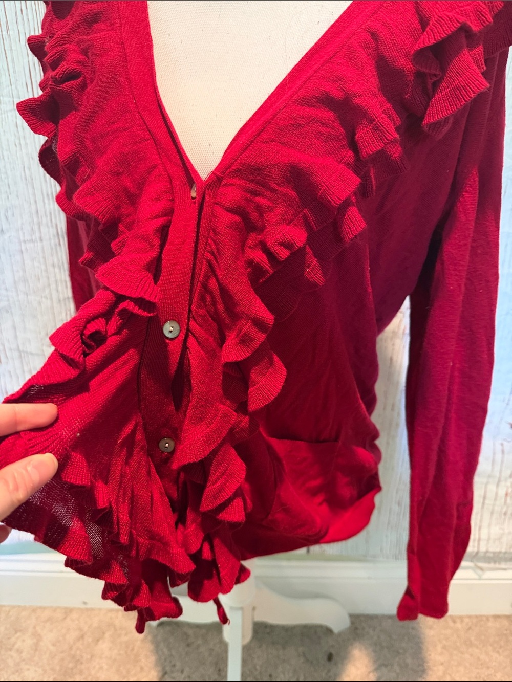 Women’s Red Ruffle V-Neck Cardigan - Picture 2 of 2